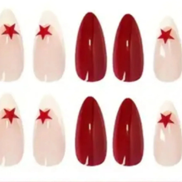 Women'sMinimalist Red Star White French Fake Nails, Waterproof - Picture 3 of 6